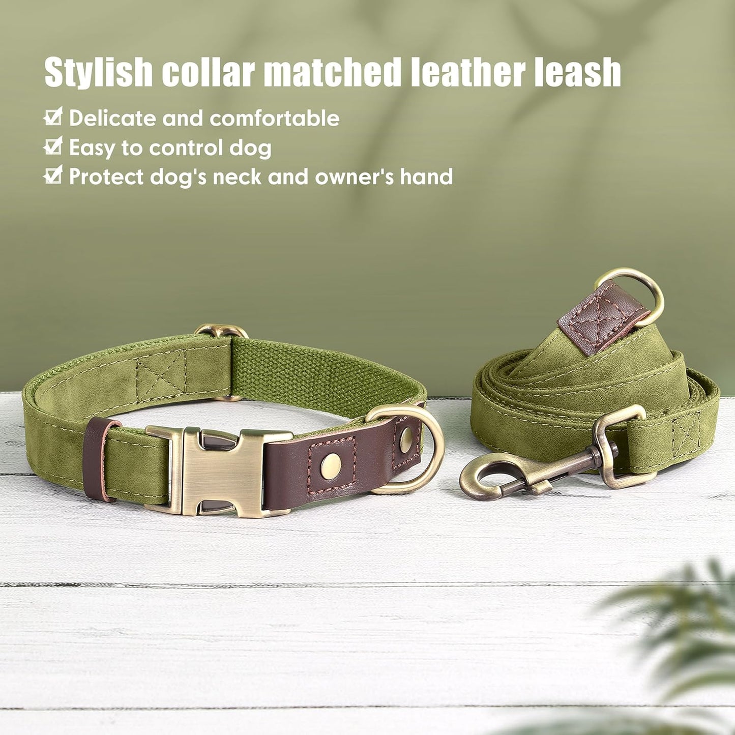 Didog Soft PU Leather Dog Collars for Medium Dogs,Classic Adjustable Dog Collars with Quick Release Metal Buckle,Easy Clean and Comfortable with Nylon Lining,Olive Green,M Neck 13-19"