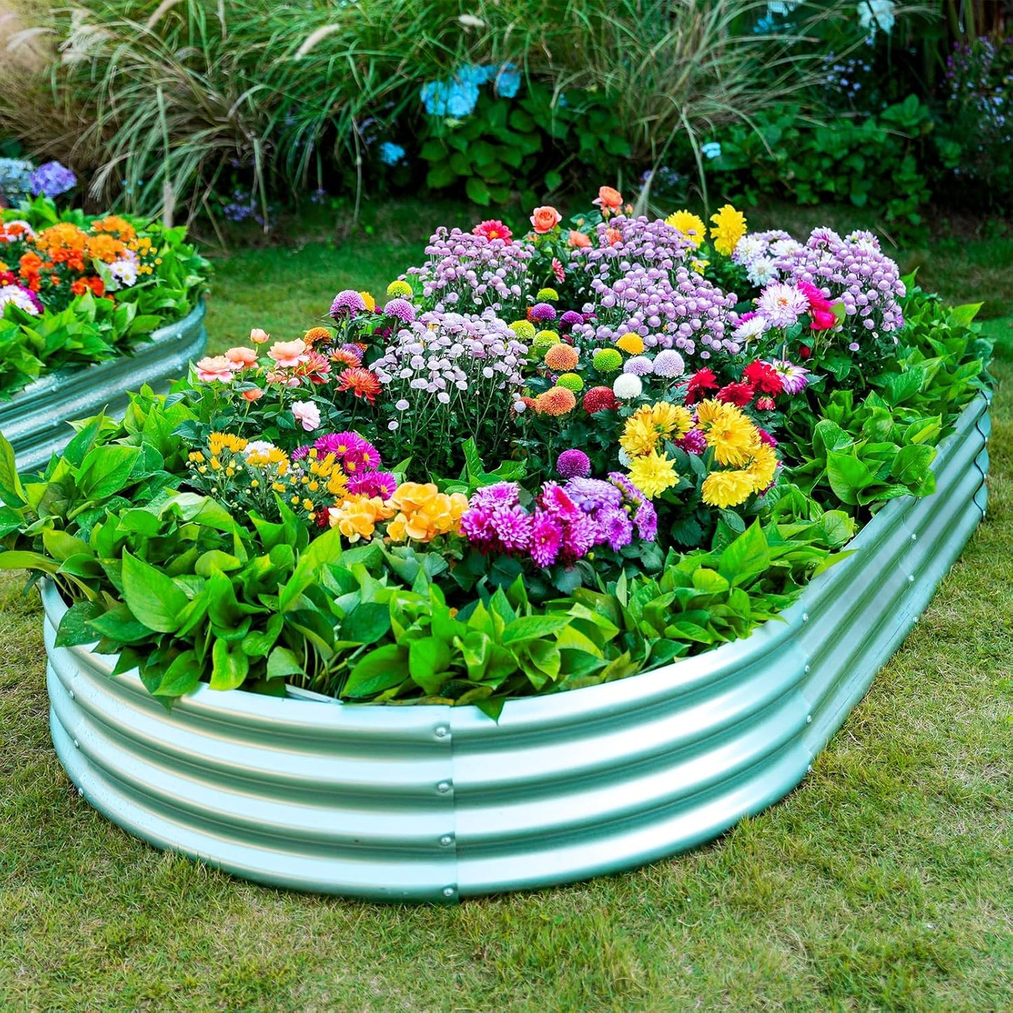 2pack 8×4×1ft Raised Garden Bed，Outdoor Galvanized Planter Boxes, Oval Large Metal Raised Garden Beds for Vegetables