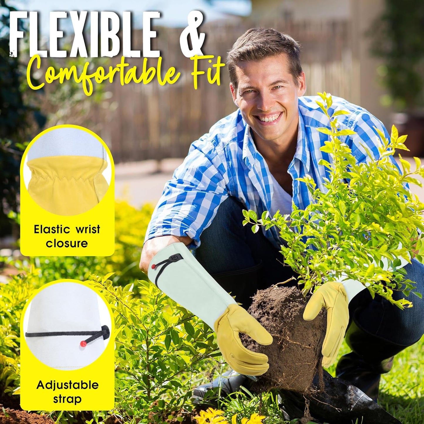 HANDLANDY Rose Gloves for Men & Women, Long Leather Gardening Gloves Thorn Proof, Best Garden Gifts & Tools for Gardener (Yellow-beige, Large (Pack of 1))