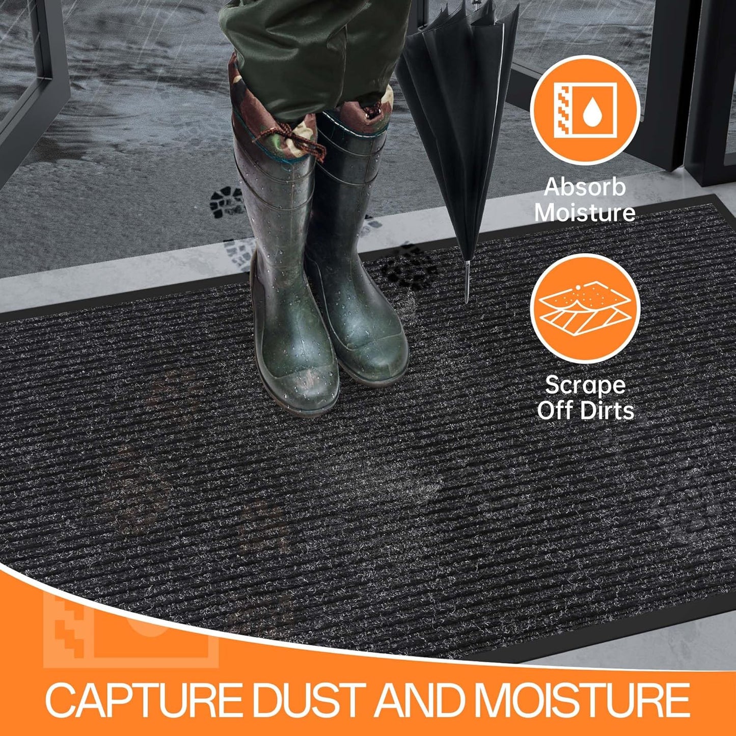 Indoor Outdoor Door Mat, 5' x 3' Doormat for Entryway, Rubber Backing Non Slip Front Door Mat Outside Entrance, Super Absorbent Commercial Floor Mat for Home Office, Black