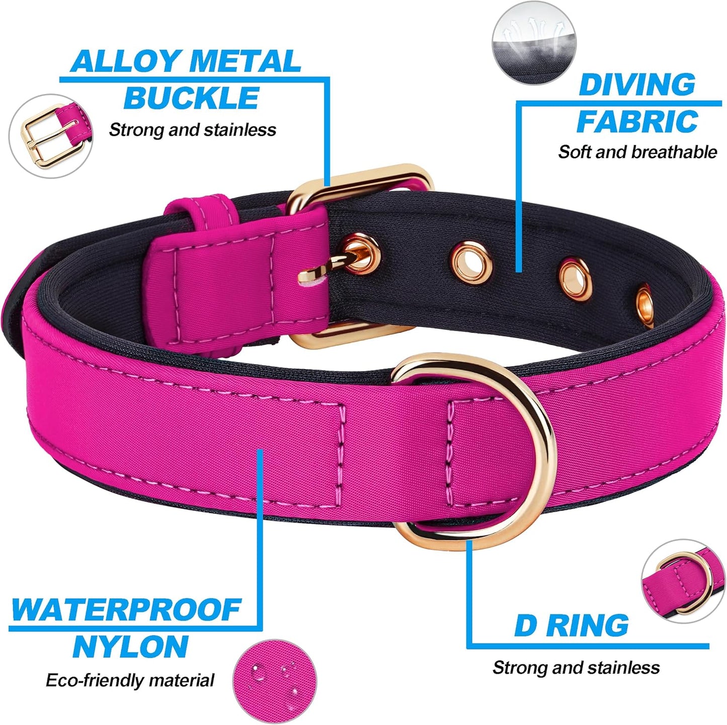 Didog Soft Padded Dog Collars for Medium Dogs, Lightweight and Breathable Dog Collar with Metal Buckle, Rose Purple, L