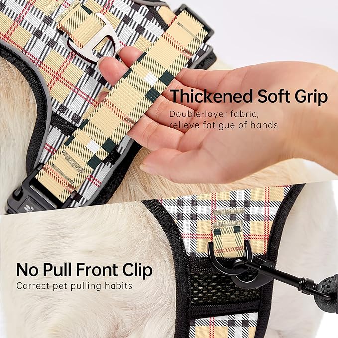 NESTROAD No Pull Dog Harness with Leash, Reflective No Choke Pet Vest Harness,Adjustable Soft Padded Dog Harness with Easy Control Handle for Small Dogs(Checkered Beige,Small)
