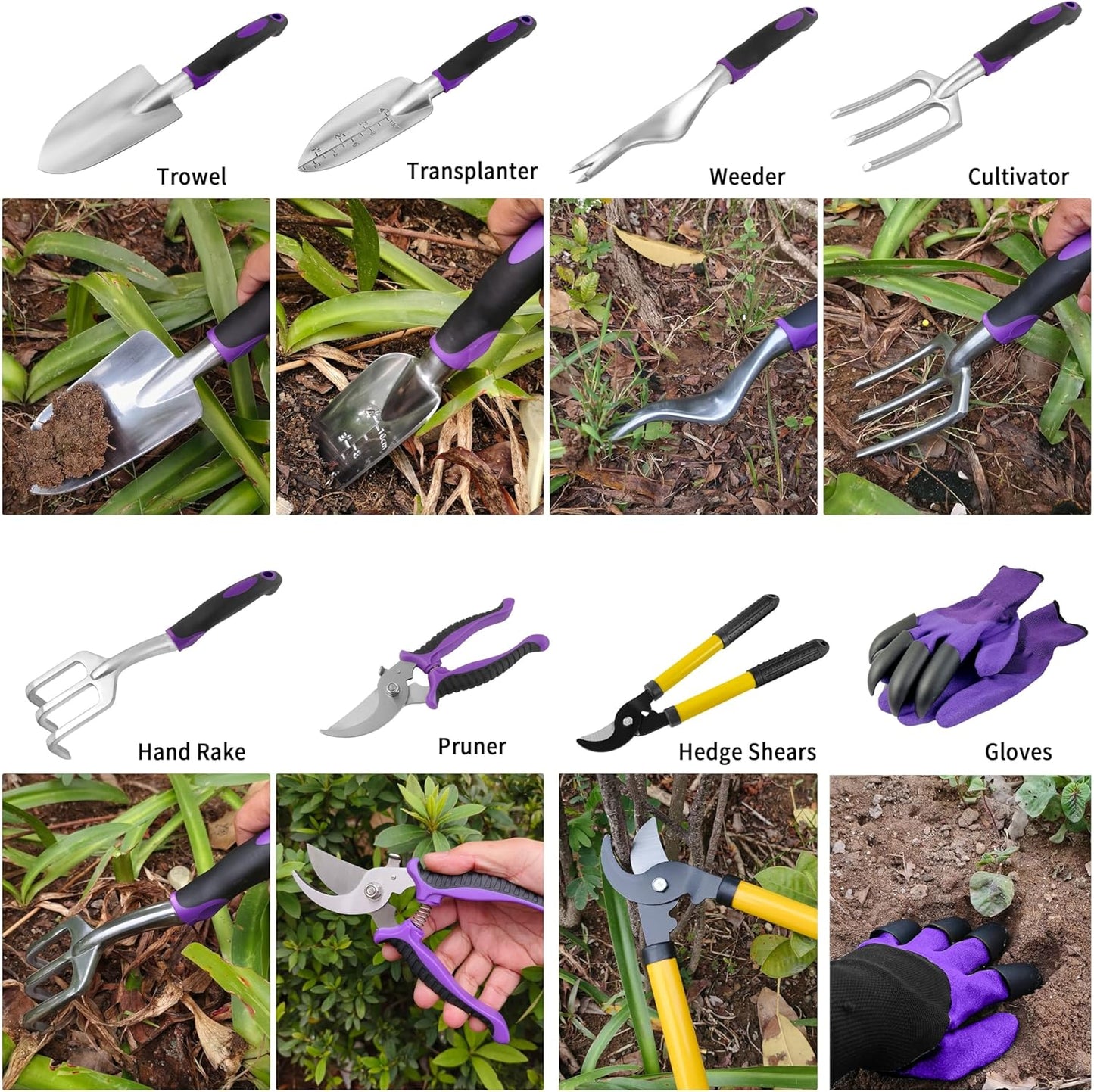 41-Piece Premium Gardening Tool Set, Stainless Steel Heavy Duty Gardening Tool Kit, with Non-Slip Rubber Grip, Storage Tote Bag, Outdoor Hand Tools, Ideal Gardening Gifts for All (Purple Floral)