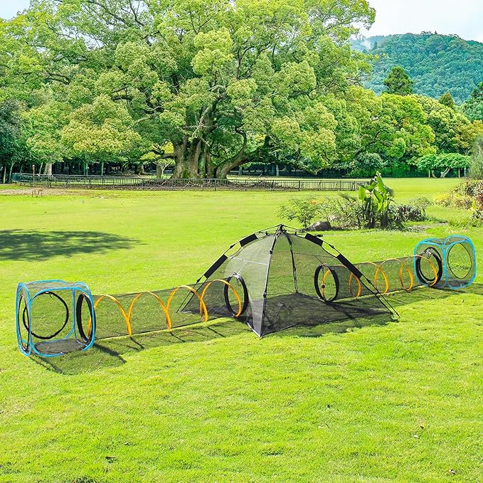 Pet Play Tunnel + Cube(with Three Ways) for Indoor and Outdoor, Kitty Play House, Cat Enclosures, Collapsible Cat Tent, Cage, Kitten Toys Easy to Connect with Kitty Tent（2 Cubes + Run Tunnel）